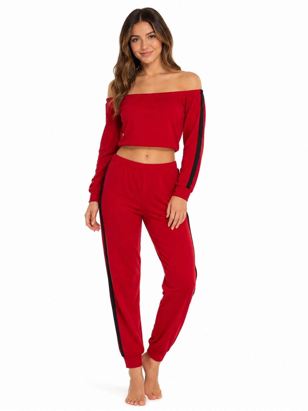 Off-Shoulder Red Lounge Pants Set with Black Striped- 1037